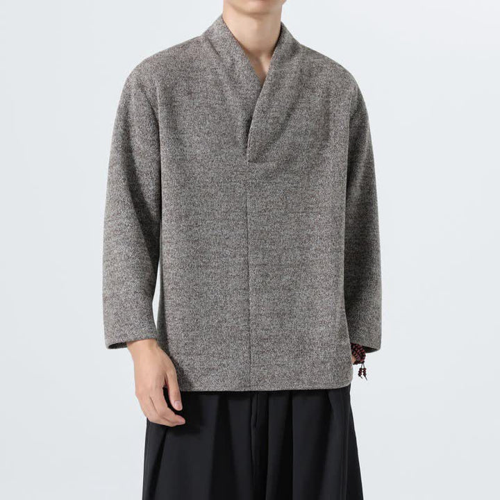 Buddha Stones Fall Winter Minimalist Casual Solid V-Neck Men's Long Sleeve T-Shirts - image 1