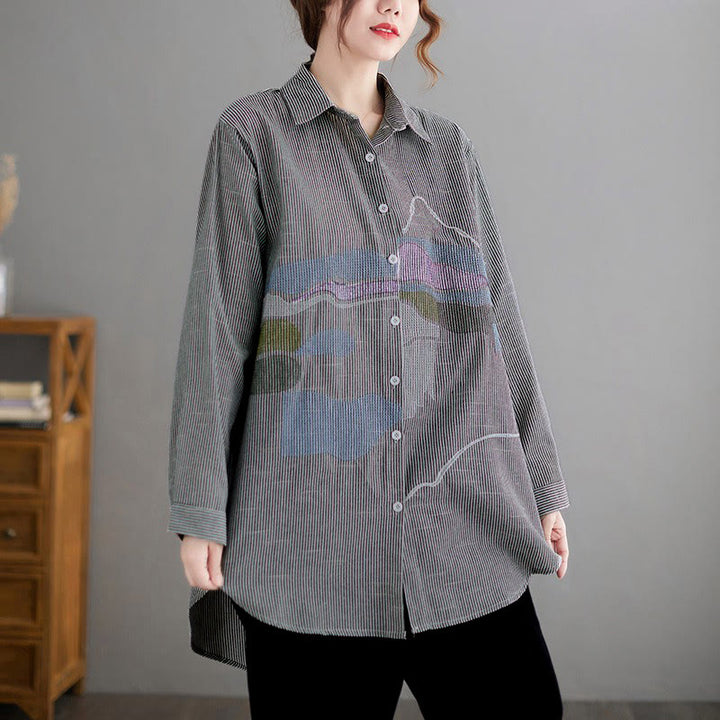 Buddha Stones Spring Fall Casual Vintage Button-Up Abstract Clouds Women's Long Sleeve Shirts - LightGray - US14, UK/AU18, EU46 (4XL) - image 6