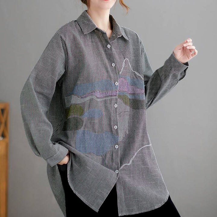 Buddha Stones Spring Fall Casual Vintage Button-Up Abstract Clouds Women's Long Sleeve Shirts - image 9