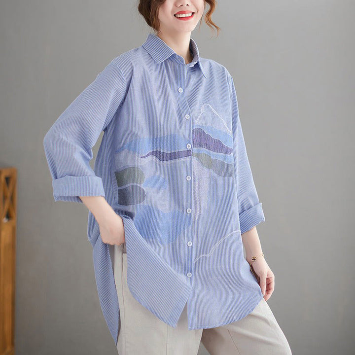 Buddha Stones Spring Fall Casual Vintage Button-Up Abstract Clouds Women's Long Sleeve Shirts - LightBlue - US14, UK/AU18, EU46 (4XL) - image 0