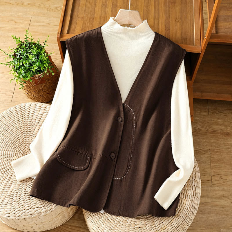 Buddha Stones Summer Casual Minimalist V-Neck Button-Up Solid Tank Top Women's Vest With Pocket - SaddleBrown - US12, UK/AU16, EU44 (2XL) - image 14