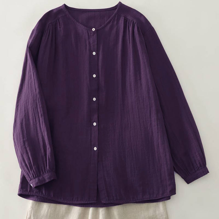 Buddha Stones Spring Fall Casual Vintage Button-Up Solid Women's Long Sleeve Shirts - image 1