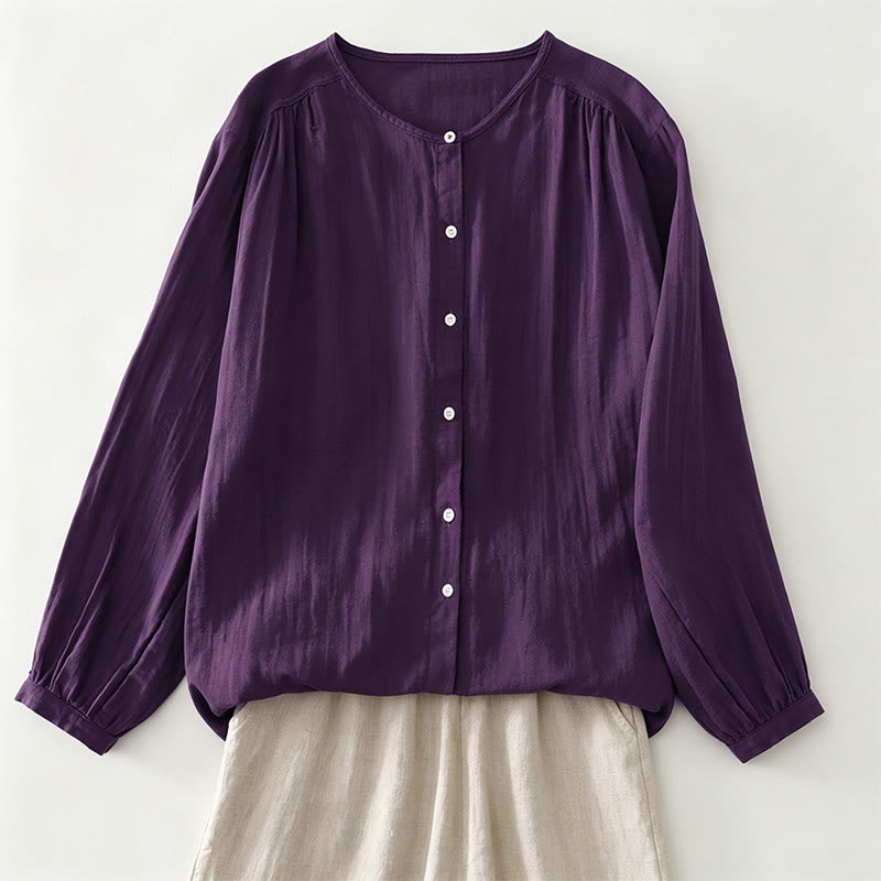 Buddha Stones Spring Fall Casual Vintage Button-Up Solid Women's Long Sleeve Shirts - RebeccaPurple - US12, UK/AU16, EU44 (2XL) - image 0