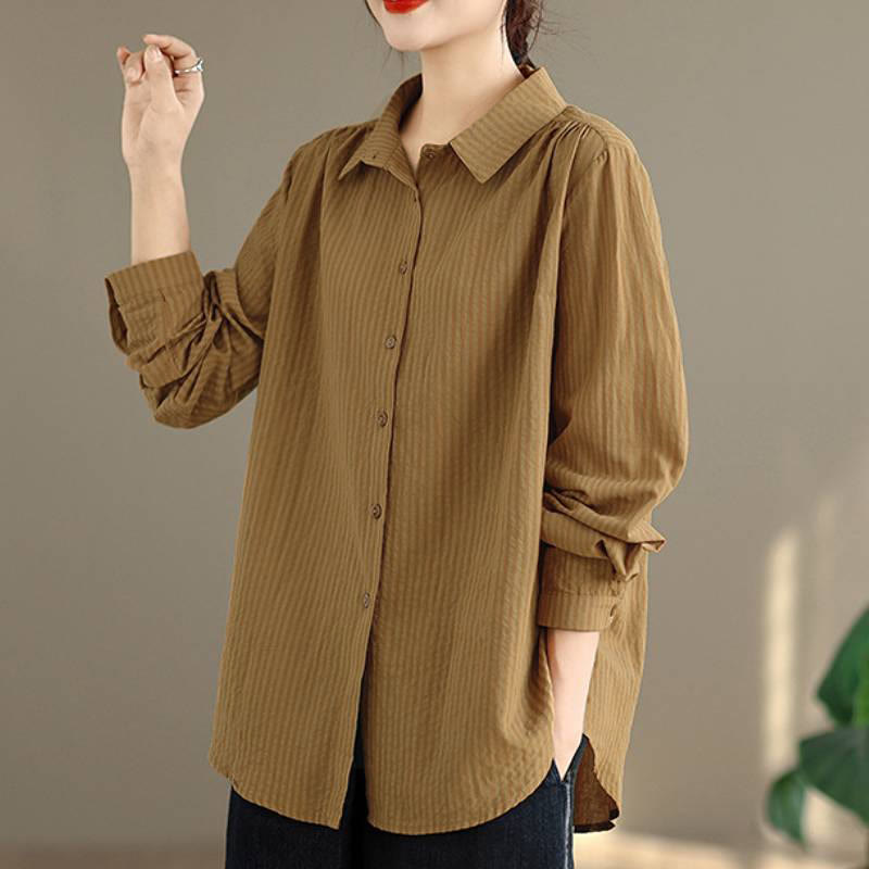 Buddha Stones Spring Fall Classic Simple Button-Up Solid Women's Long Sleeve Shirts - image 3