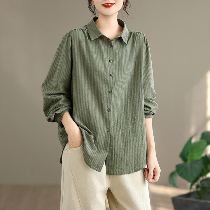 Buddha Stones Spring Fall Classic Simple Button-Up Solid Women's Long Sleeve Shirts - OliveDrab - US8-10, UK/AU12-14, EU40-42 (2XL) - image 8