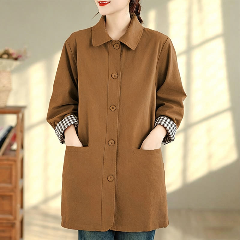 Buddha Stones Fall Simple Vintage Plaid Women's Jacket With Pockets - image 21