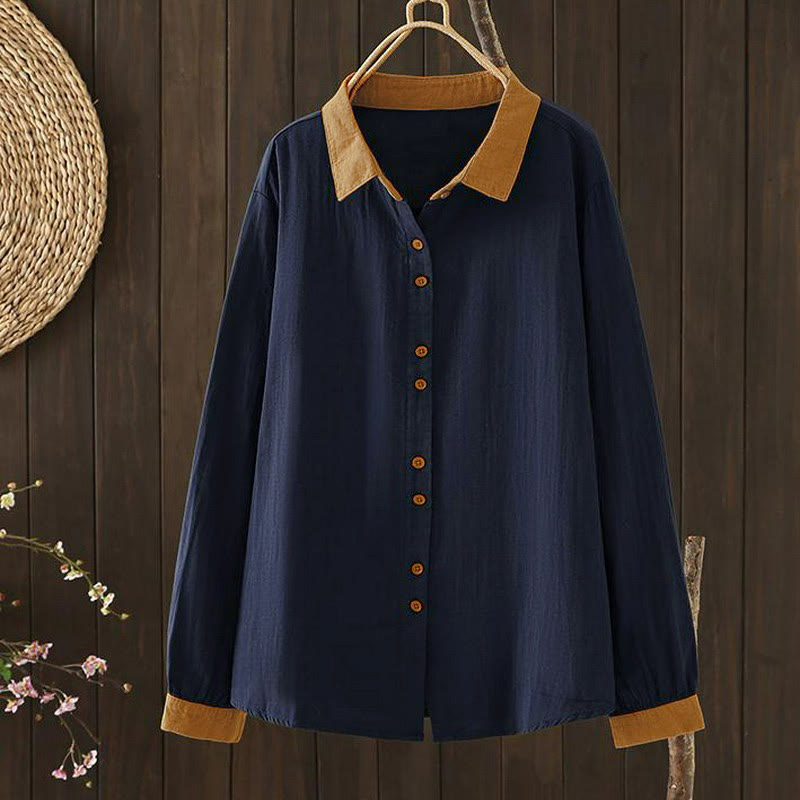 Buddha Stones Spring Casual Vintage Button-Up Contrast Collar Women's Long Sleeve Shirts - image 2