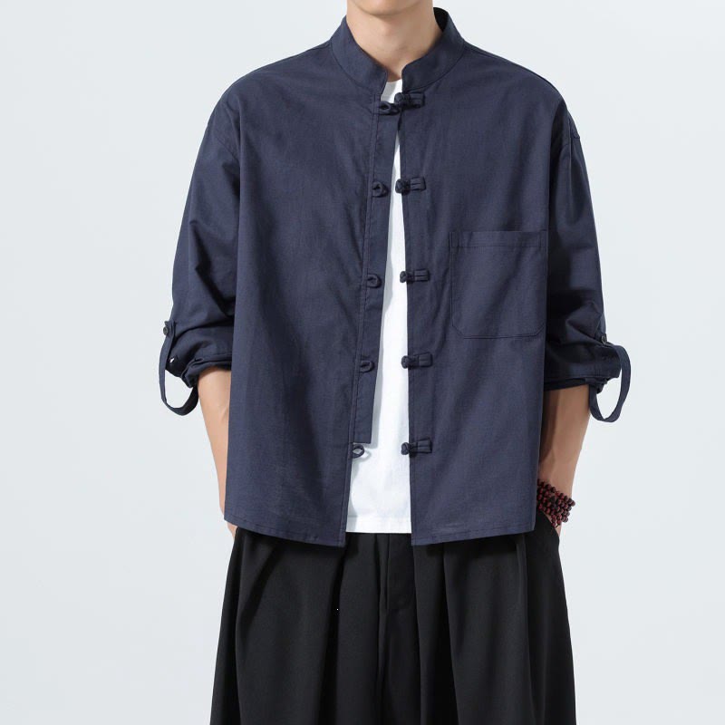 Buddha Stones Spring Fall Tang Style Minimalist Frog Button Mandarin Collar Solid Men's Long Sleeve Shirts With Pocket - Navy - US/UK/AU46，EU56 (5XL) - image 0