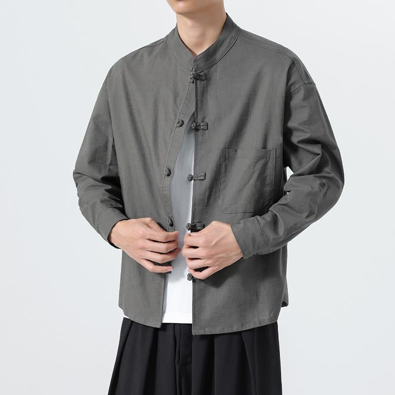 Buddha Stones Spring Fall Tang Style Minimalist Frog Button Mandarin Collar Solid Men's Long Sleeve Shirts With Pocket - image 16