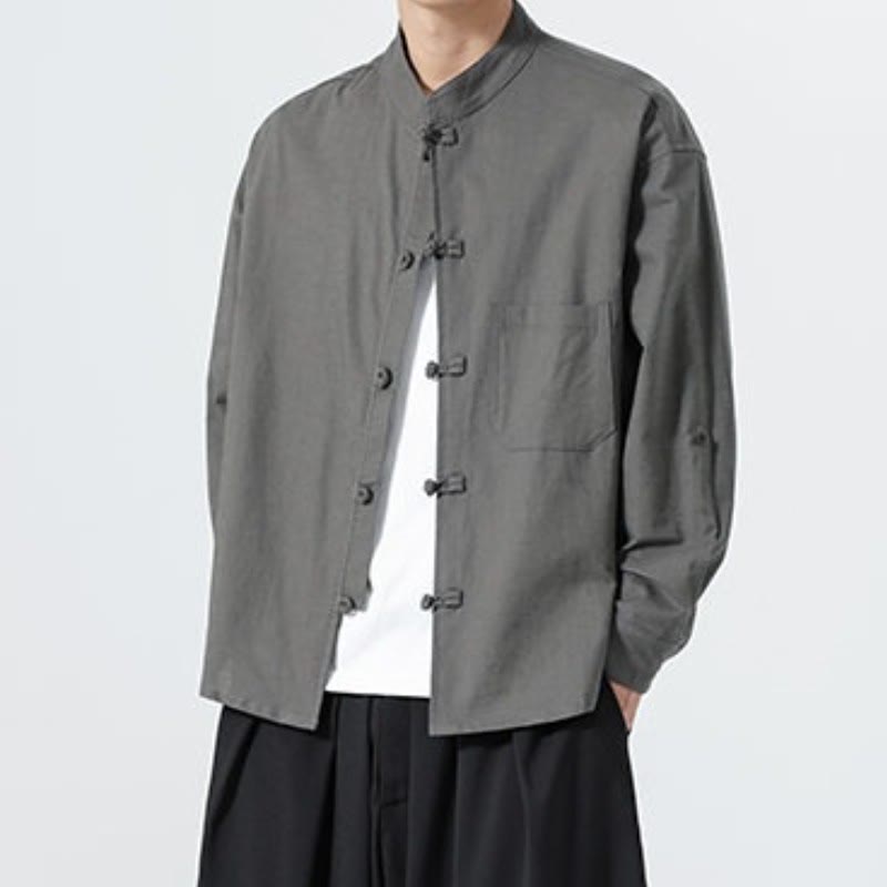 Buddha Stones Spring Fall Tang Style Minimalist Frog Button Mandarin Collar Solid Men's Long Sleeve Shirts With Pocket - image 15