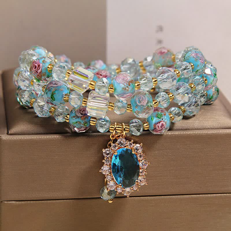 Buddha Stones Blue Liuli Glass Bead Floral Oval Charm Triple Wrap Clarity Bracelet - image 8