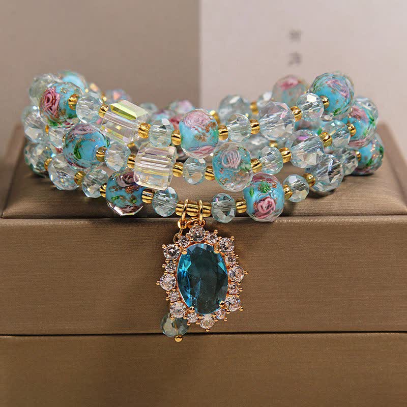 Buddha Stones Blue Liuli Glass Bead Floral Oval Charm Triple Wrap Clarity Bracelet - image 7