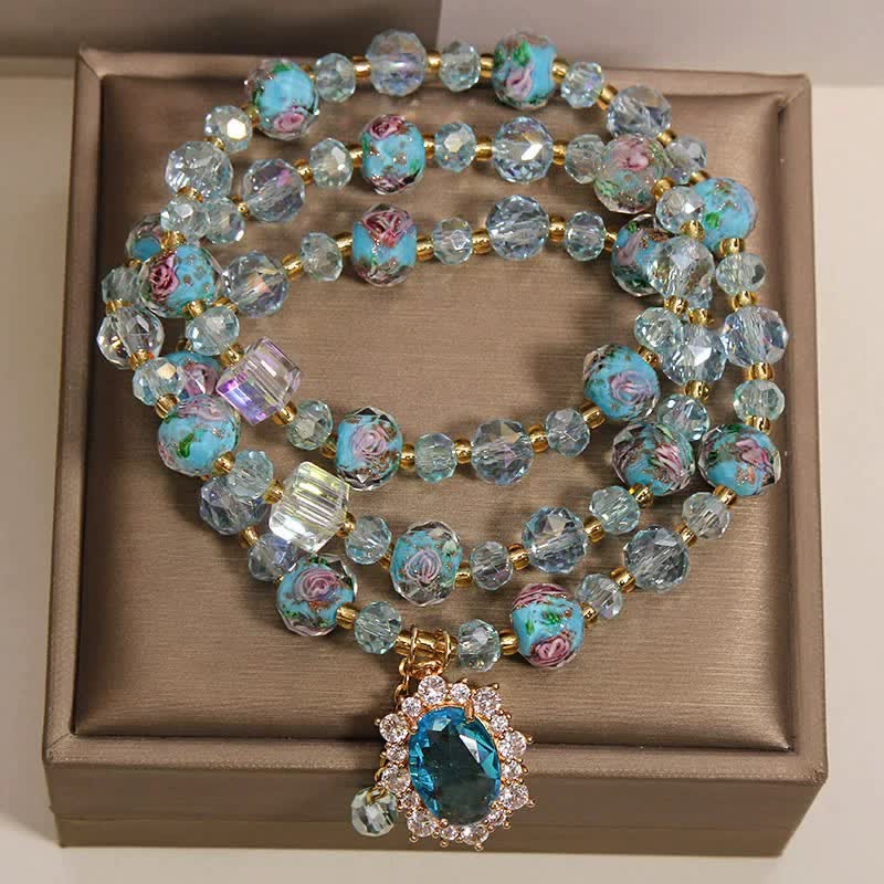 Buddha Stones Blue Liuli Glass Bead Floral Oval Charm Triple Wrap Clarity Bracelet - image 1