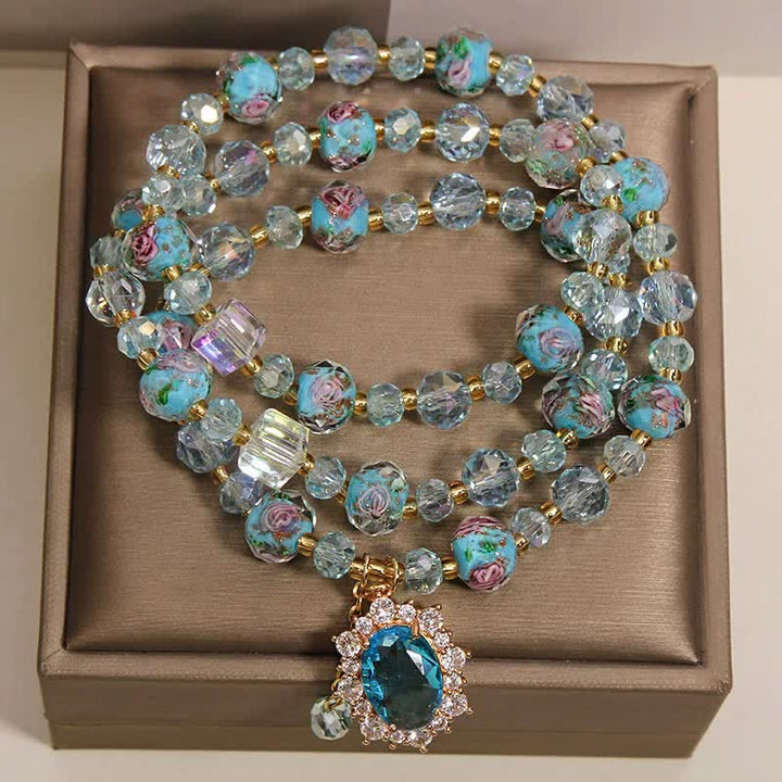 Buddha Stones Blue Liuli Glass Bead Floral Oval Charm Triple Wrap Clarity Bracelet - image 1