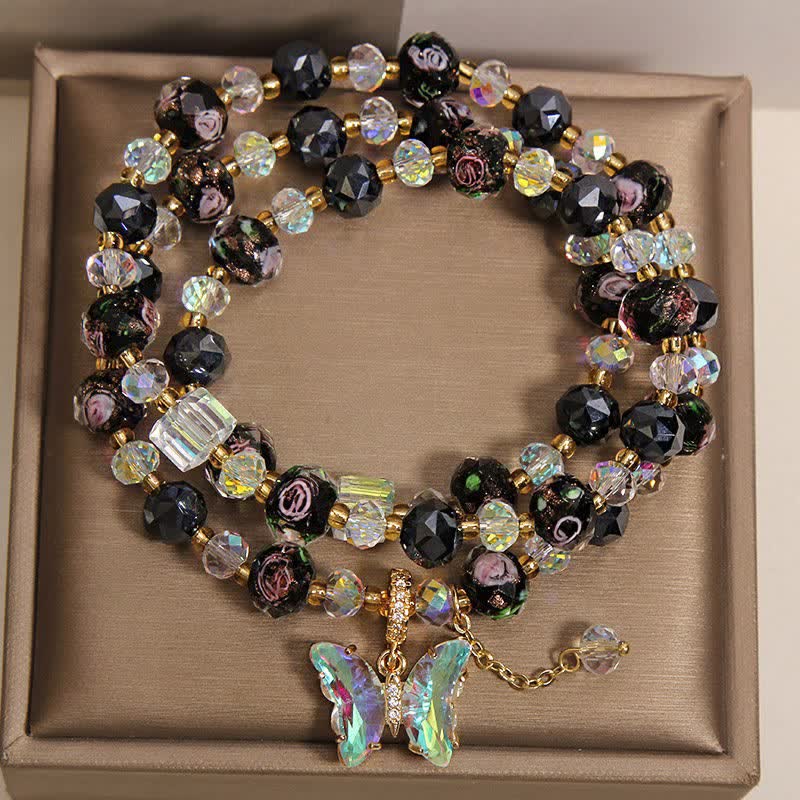 Buddha Stones Black Liuli Glass Bead Rose Butterfly Charm Transformation Triple Wrap Bracelet - image 1