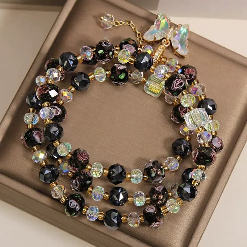 Buddha Stones Black Liuli Glass Bead Rose Butterfly Charm Transformation Triple Wrap Bracelet - image 2