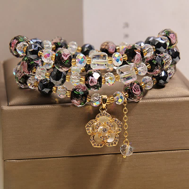 Buddha Stones Black Liu Li Glass Bead Flower Camellia Charm Harmonic Connection Bracelet - image 8