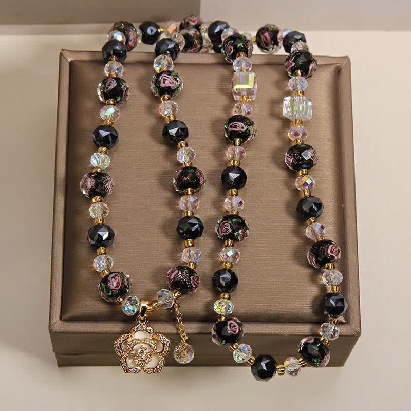Buddha Stones Black Liu Li Glass Bead Flower Camellia Charm Harmonic Connection Bracelet - image 4