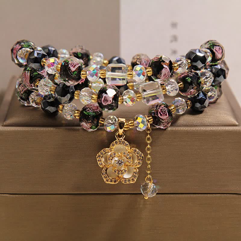 Buddha Stones Black Liu Li Glass Bead Flower Camellia Charm Harmonic Connection Bracelet - Black Camellia Charm - image 0