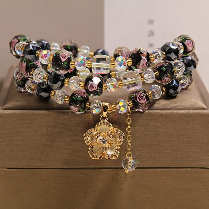 Buddha Stones Black Liu Li Glass Bead Flower Camellia Charm Harmonic Connection Bracelet - Black Camellia Charm - image 0