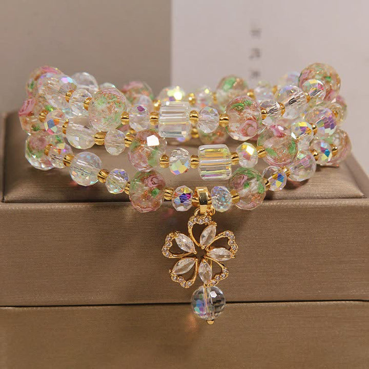 Buddha Stones White Liuli Glass Bead Rose Garden Triple Wrap Floral Charm Bracelet - image 7