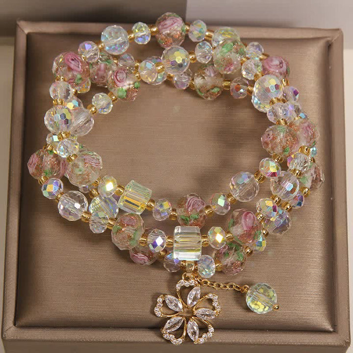 Buddha Stones White Liuli Glass Bead Rose Garden Triple Wrap Floral Charm Bracelet - image 1