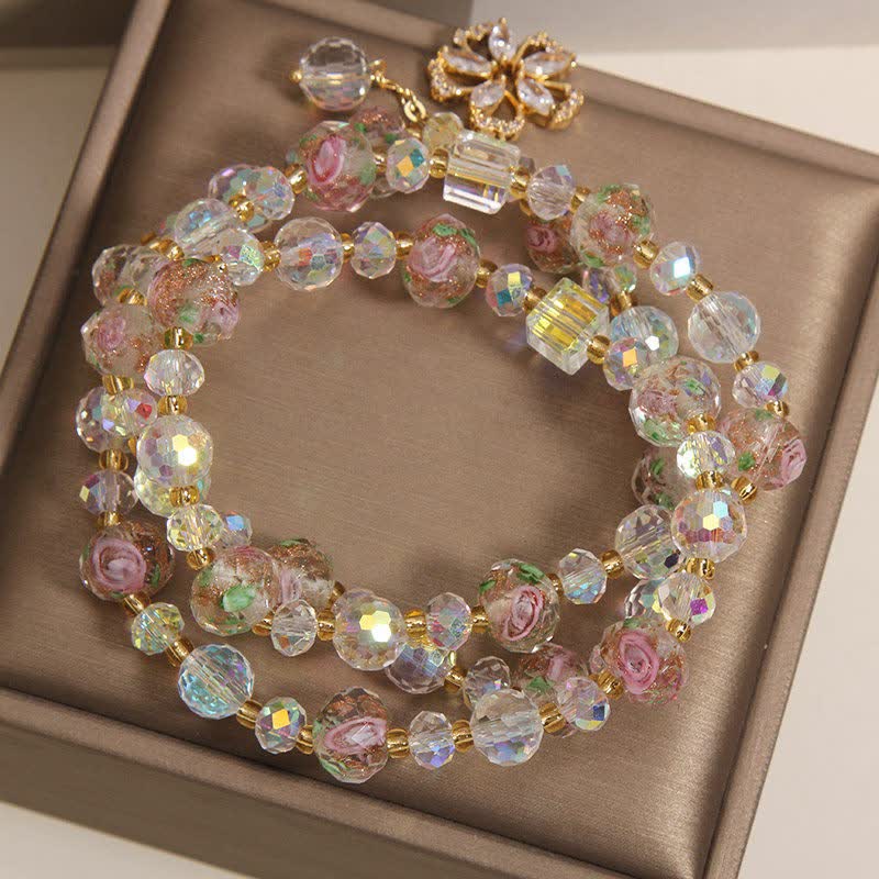 Buddha Stones White Liuli Glass Bead Rose Garden Triple Wrap Floral Charm Bracelet - image 2