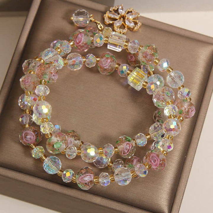 Buddha Stones White Liuli Glass Bead Rose Garden Triple Wrap Floral Charm Bracelet - image 2