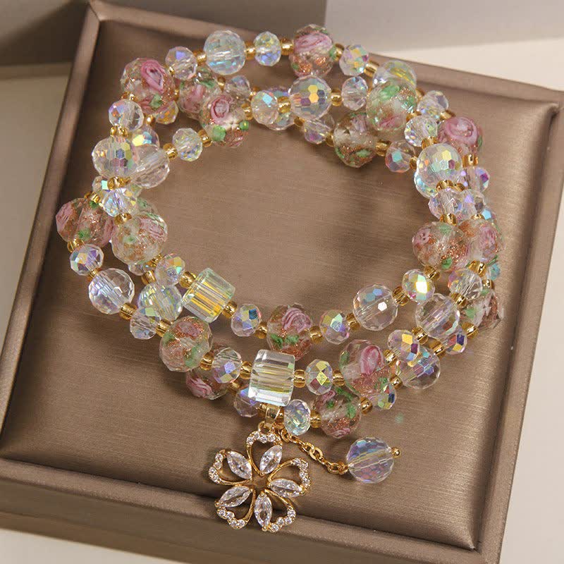 Buddha Stones White Liuli Glass Bead Rose Garden Triple Wrap Floral Charm Bracelet - image 3