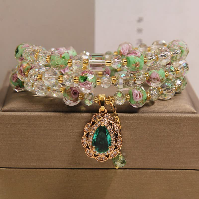 Buddha Stones Golden Liuli Glass Rose Garden Teardrop Energy Triple Wrap Bracelet - Green(Wrist Circumference: 5.9-6.3  in / 15-16cm) - image 0