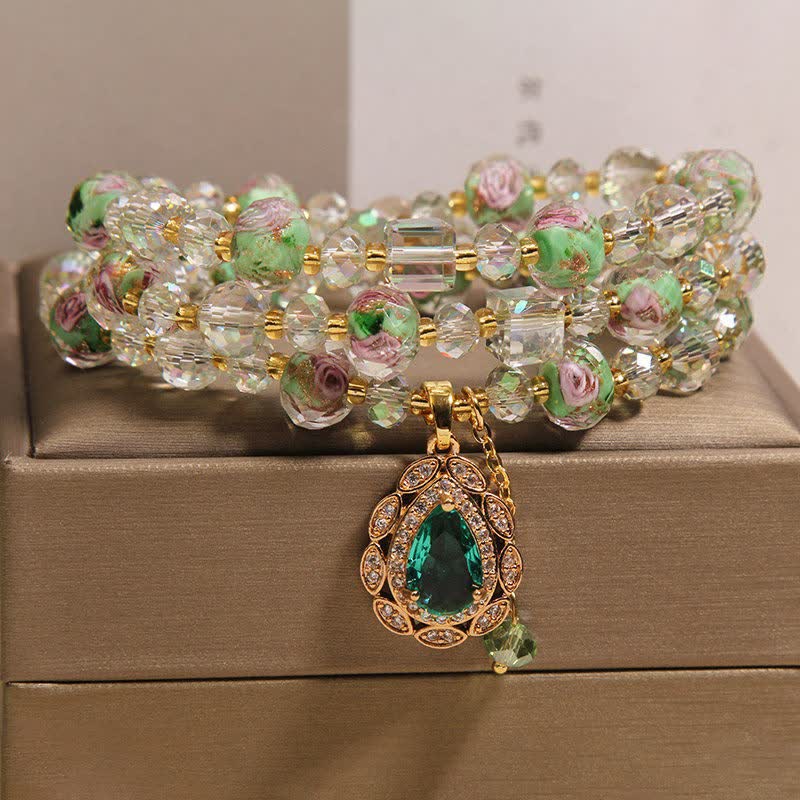 Buddha Stones Golden Liuli Glass Rose Garden Teardrop Energy Triple Wrap Bracelet - image 7