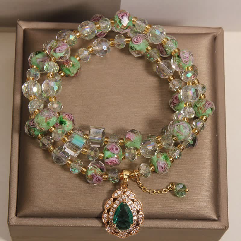 Buddha Stones Golden Liuli Glass Rose Garden Teardrop Energy Triple Wrap Bracelet - image 1