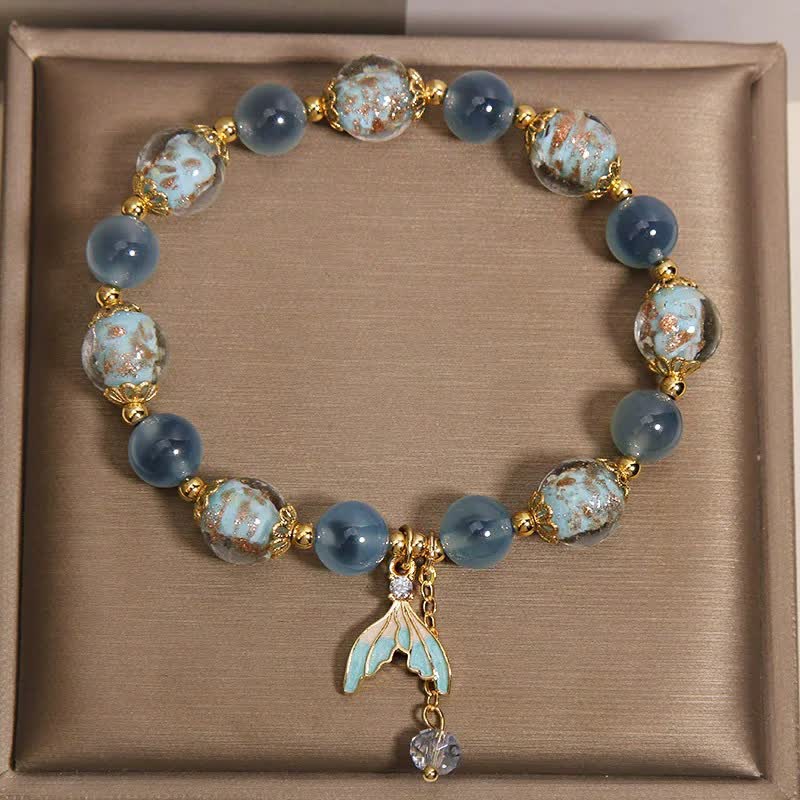Buddha Stones Blue Candy Agate Liuli Glass Bead Fish Tail Charm Emotional Balance Bracelet - image 1