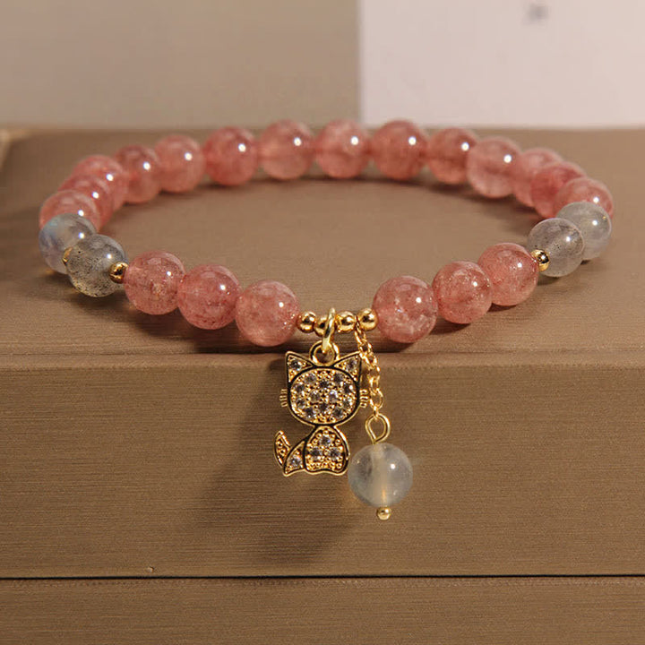 Buddha Stones Strawberry Quartz Moonstone Cat Charm Love Bracelet - Strawberry Quartz(Wrist Circumference: 5.5-5.9  in / 14-15cm) - image 0
