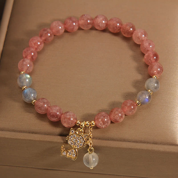 Buddha Stones Strawberry Quartz Moonstone Cat Charm Love Bracelet - image 1