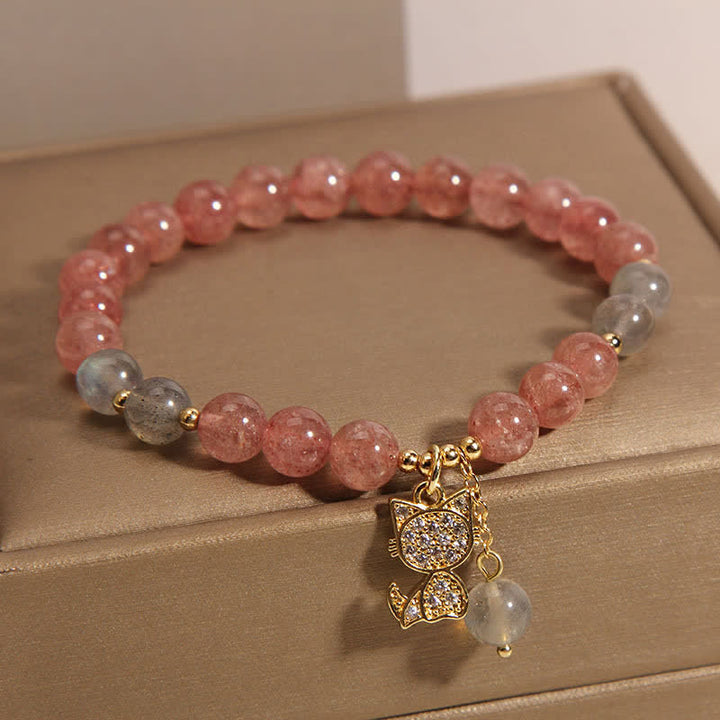 Buddha Stones Strawberry Quartz Moonstone Cat Charm Love Bracelet - image 4