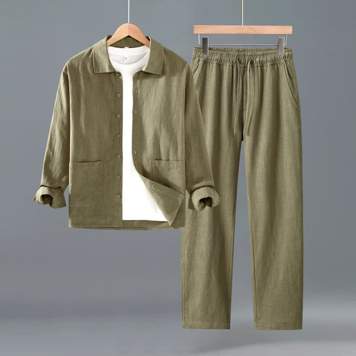 Buddha Stones Spring Fall Casual Minimalist Button-Up Solid Ramie Shirt Pants Men's Meditation Cloth With Pockets - DarkKhaki - US/UK/AU42，EU52 (3XL) - image 12