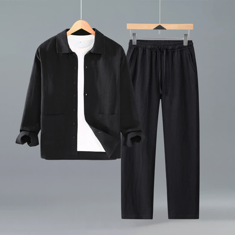 Buddha Stones Spring Fall Casual Minimalist Button-Up Solid Ramie Shirt Pants Men's Meditation Cloth With Pockets - Black - US/UK/AU42，EU52 (3XL) - image 1
