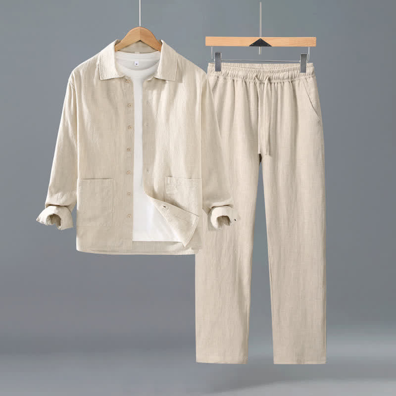 Buddha Stones Spring Fall Casual Minimalist Button-Up Solid Ramie Shirt Pants Men's Meditation Cloth With Pockets - Beige - US/UK/AU42，EU52 (3XL) - image 4