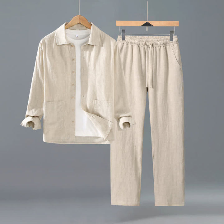 Buddha Stones Spring Fall Casual Minimalist Button-Up Solid Ramie Shirt Pants Men's Meditation Cloth With Pockets - Beige - US/UK/AU42，EU52 (3XL) - image 4