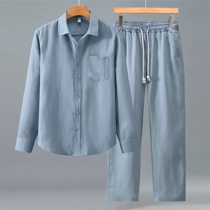 Buddha Stones 2Pcs Spring Fall Casual Button-Up Solid Shirt Pants Men's Meditation Cloth With Pockets - LightSteelBlue - US/UK/AU42，EU52 (3XL) - image 12