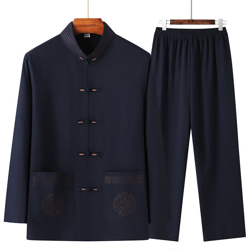 Buddha Stones 2Pcs Spring Fall Tang Style Casual Mandarin Collar Frog Button Solid Shirt Pants Men's Meditation Cloth With Pockets - MidnightBlue - US/UK/AU44，EU54 (4XL) - image 8