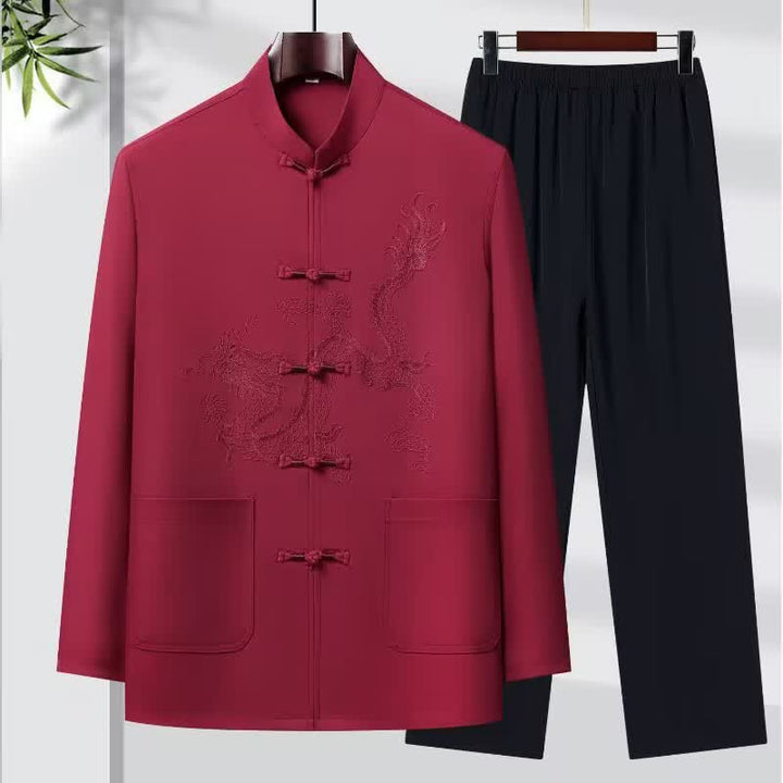 Buddha Stones Spring 2Pcs Fall Tang Style Mandarin Collar Frog Button Embroidery Dragon Shirt Pants Men's Meditation Cloth With Pockets - Firebrick - US/UK/AU44，EU54 (4XL) - image 10