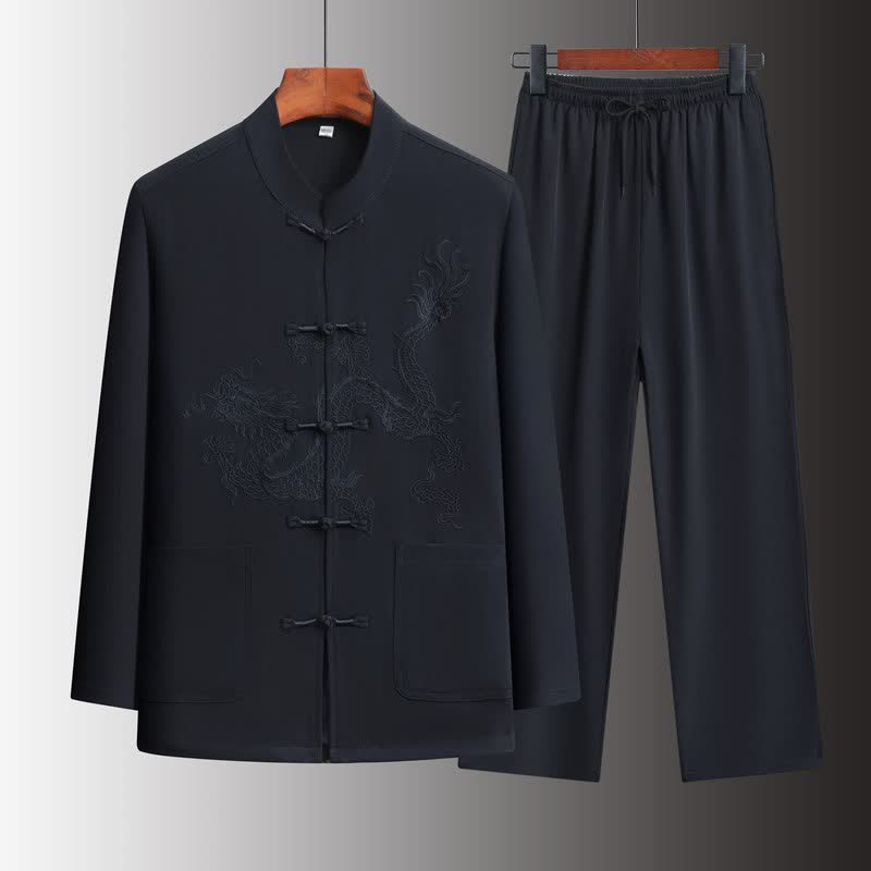 Buddha Stones Spring 2Pcs Fall Tang Style Mandarin Collar Frog Button Embroidery Dragon Shirt Pants Men's Meditation Cloth With Pockets - MidnightBlue - US/UK/AU44，EU54 (4XL) - image 11
