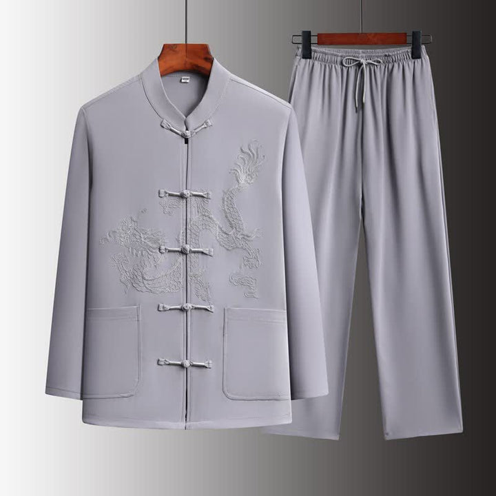 Buddha Stones Spring 2Pcs Fall Tang Style Mandarin Collar Frog Button Embroidery Dragon Shirt Pants Men's Meditation Cloth With Pockets - LightGray - US/UK/AU44，EU54 (4XL) - image 12