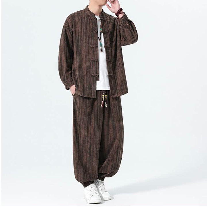 Buddha Stones 2Pcs Fall Winter Tang Style Mandarin Collar Striped Corduroy Shirt Pants Men's Meditation Cloth - image 18