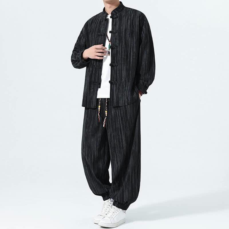 Buddha Stones 2Pcs Fall Winter Tang Style Mandarin Collar Striped Corduroy Shirt Pants Men's Meditation Cloth - image 15