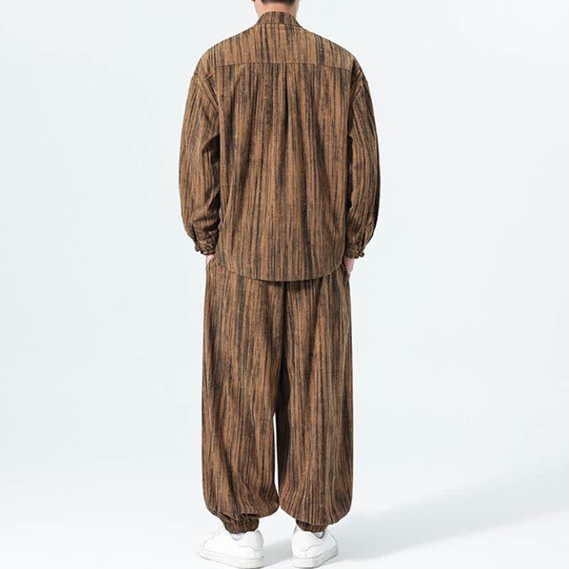 Buddha Stones 2Pcs Fall Winter Tang Style Mandarin Collar Striped Corduroy Shirt Pants Men's Meditation Cloth - image 4