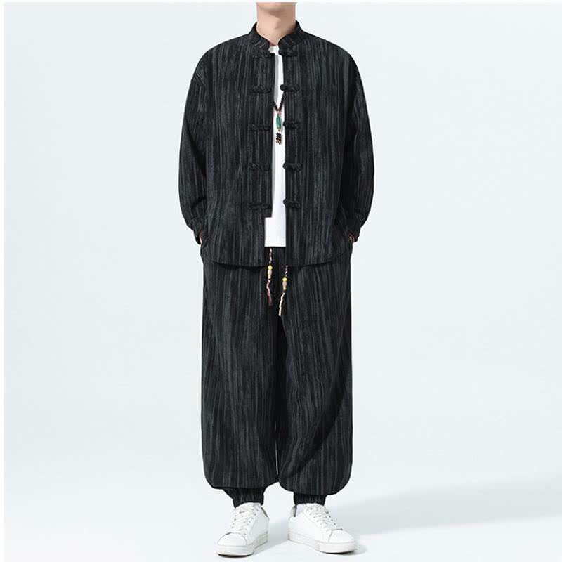 Buddha Stones 2Pcs Fall Winter Tang Style Mandarin Collar Striped Corduroy Shirt Pants Men's Meditation Cloth - image 13