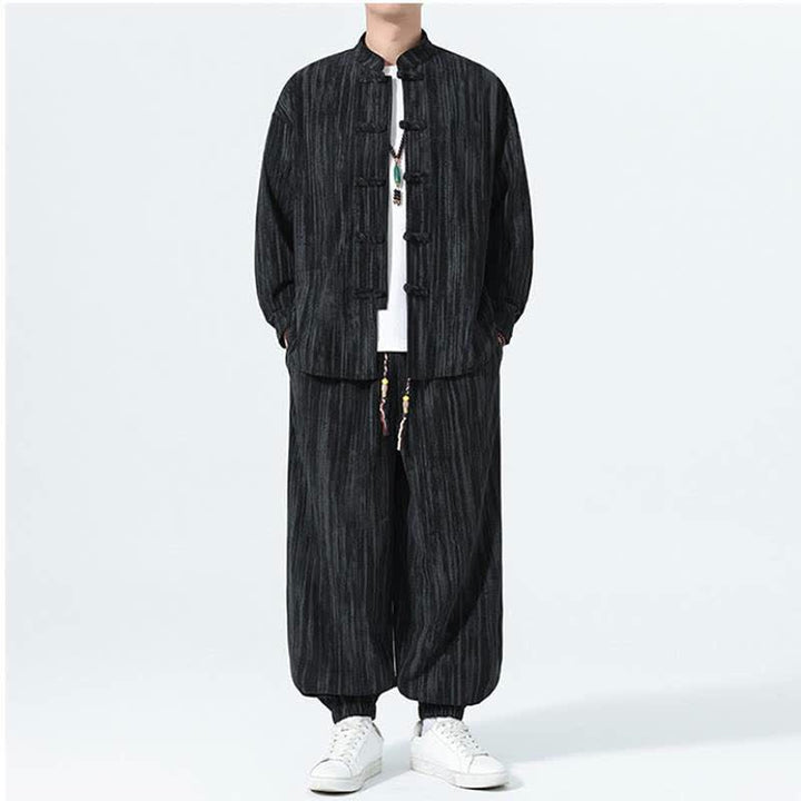 Buddha Stones 2Pcs Fall Winter Tang Style Mandarin Collar Striped Corduroy Shirt Pants Men's Meditation Cloth - image 13